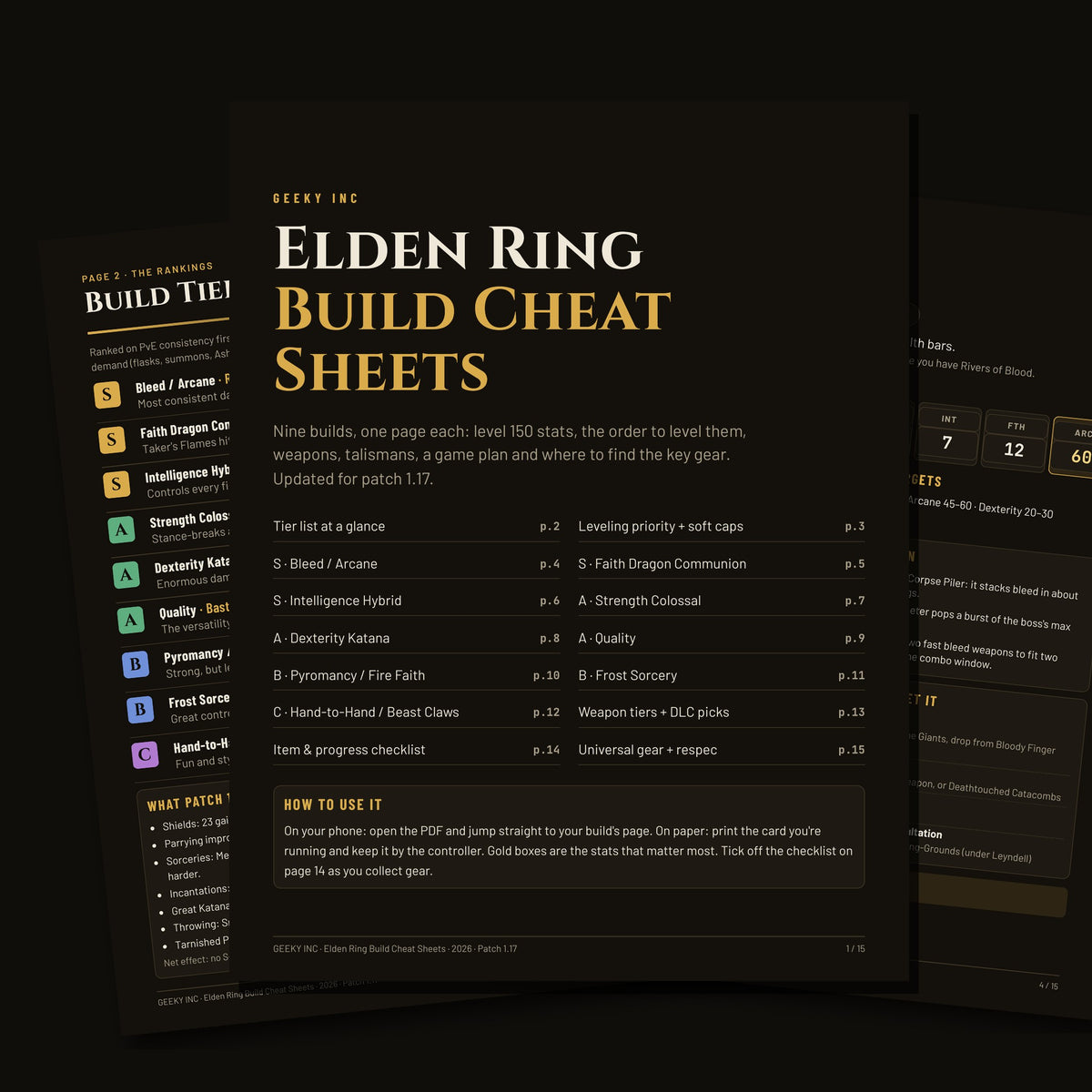 Elden Ring Build Cheat Sheets 2026 printable PDF: cover, tier list and a build card